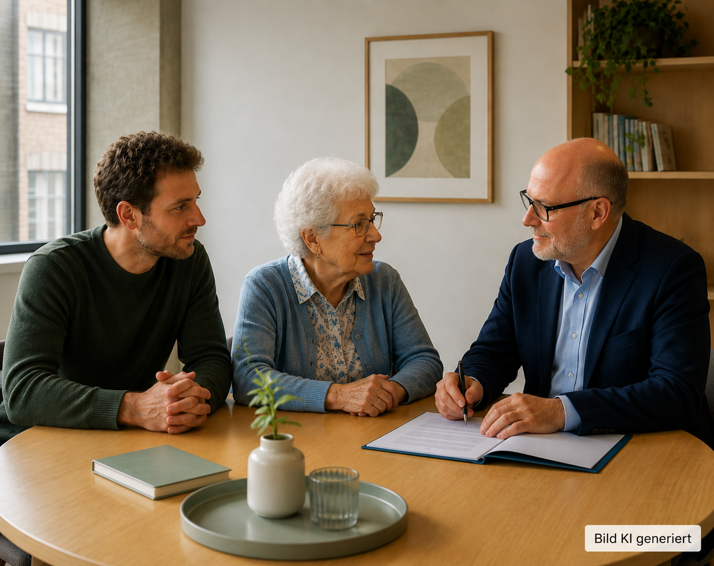 Gespräch zwischen einer älteren Frau, einem Angehörigen und einem rechtlichen Betreuer an einem Tisch.